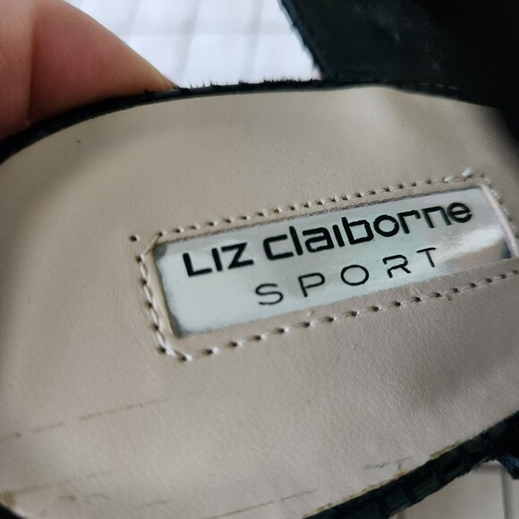 Liz Claiborne Sport Snakeskin Black Textured Shiny Zip Sling Wedge Strap Sandals - Picture 5 of 14